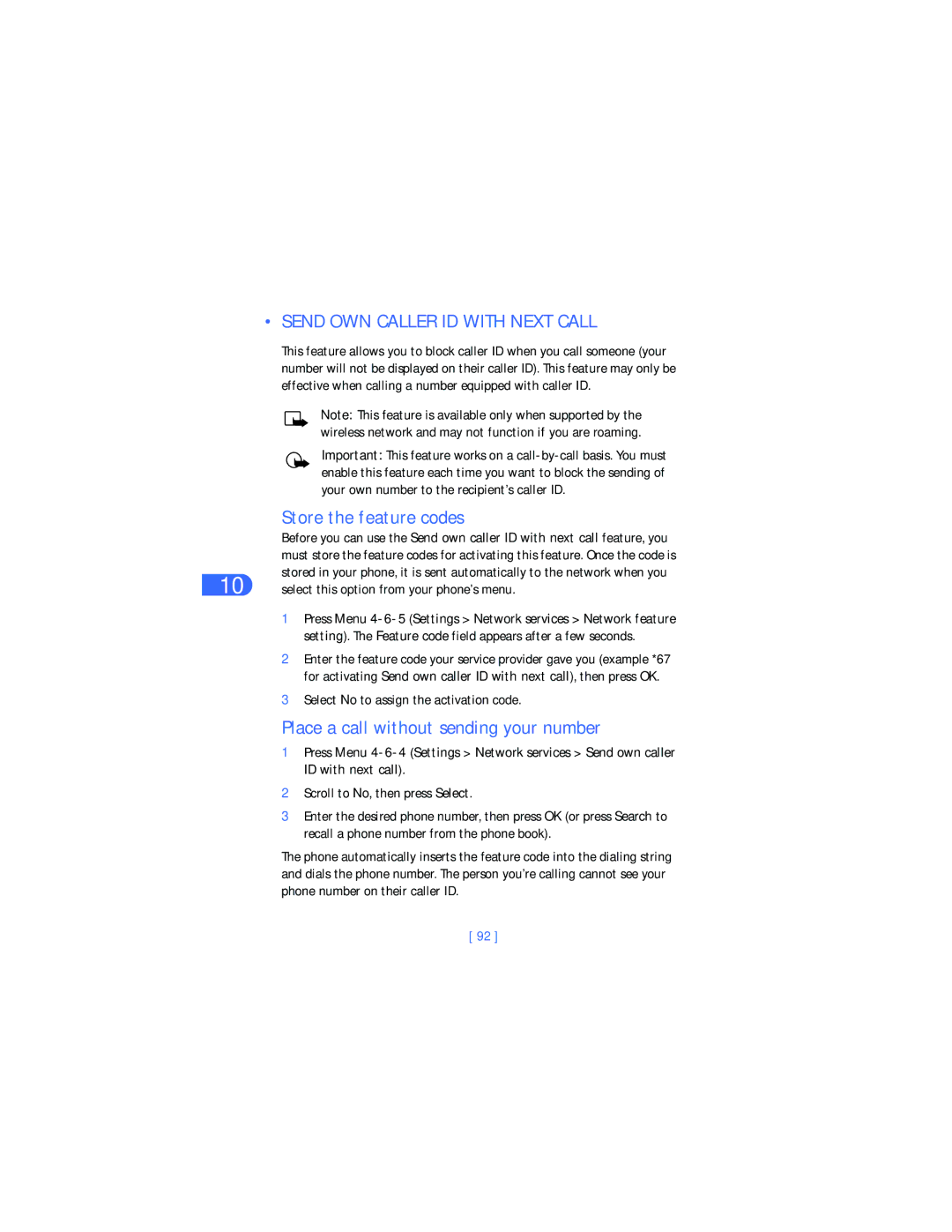 Nokia 6385 manual Send OWN Caller ID with Next Call, Store the feature codes, Place a call without sending your number 
