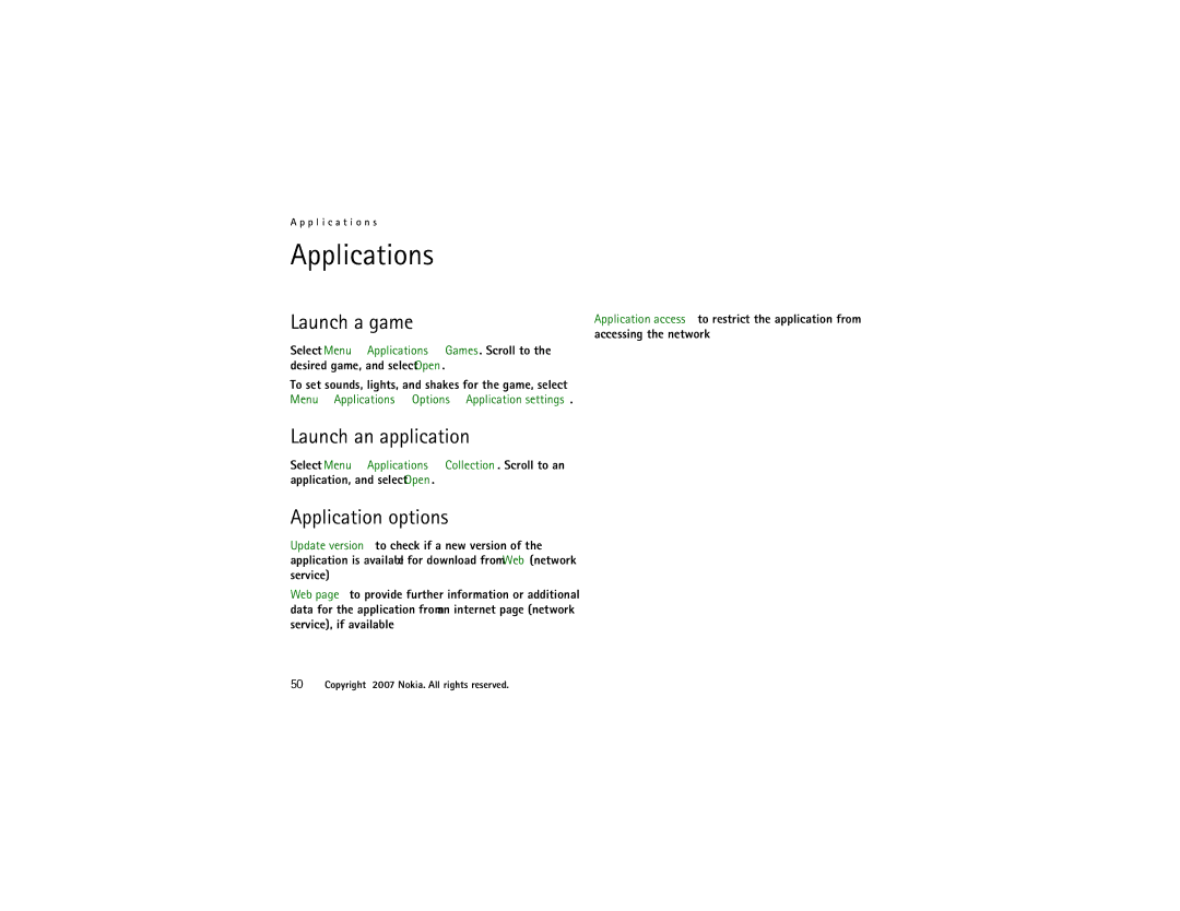 Nokia 6500 Slide manual Applications, Launch a game, Launch an application, Application options 