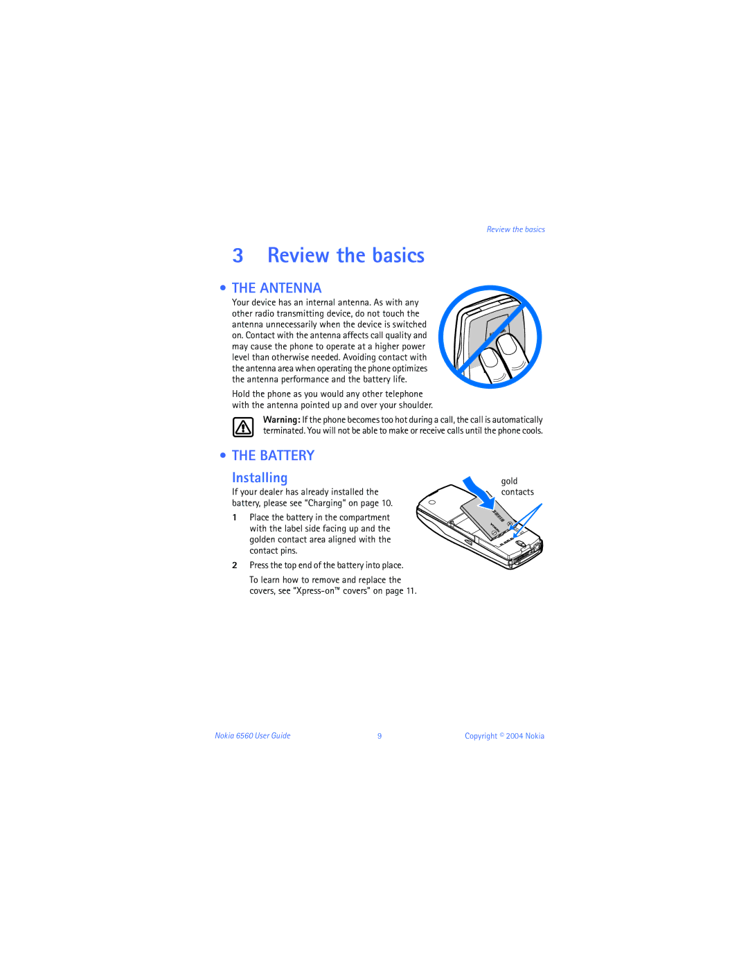 Nokia 6560 warranty Review the basics, Antenna, Battery, Installing, Press the top end of the battery into place 