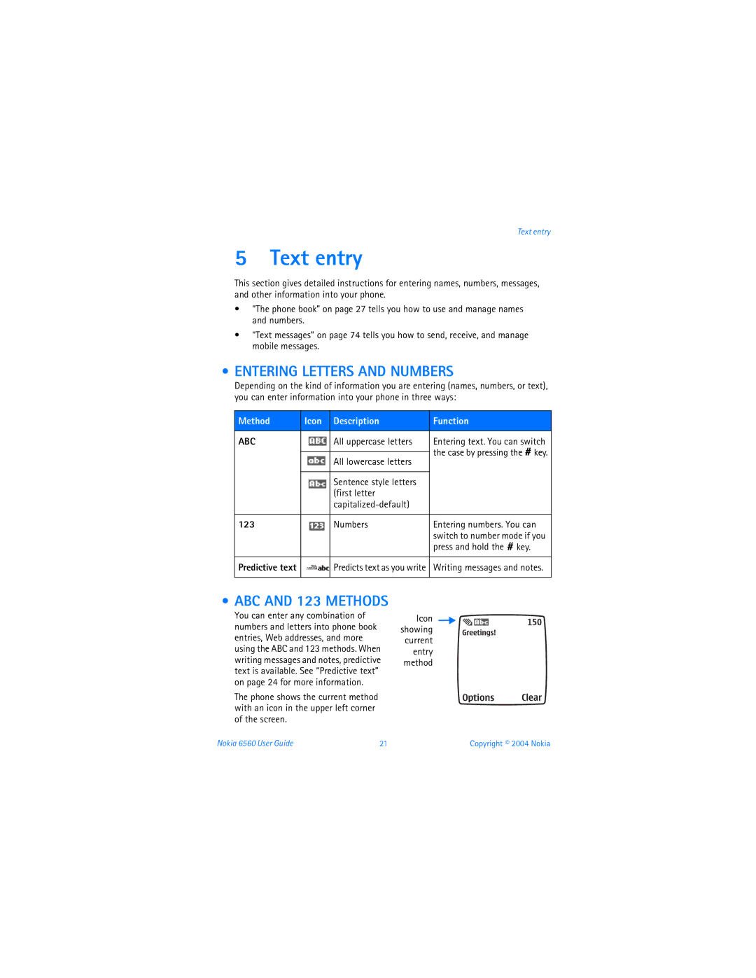 Nokia 6560 warranty Text entry, Entering Letters and Numbers, ABC and 123 Methods, Abc 