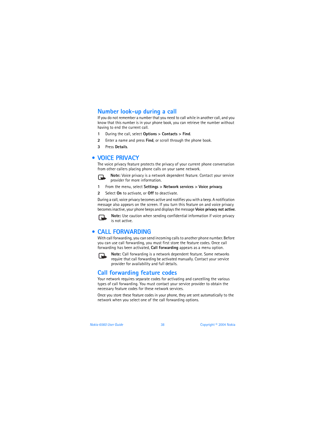 Nokia 6560 warranty Number look-up during a call, Voice Privacy, Call Forwarding, Call forwarding feature codes 