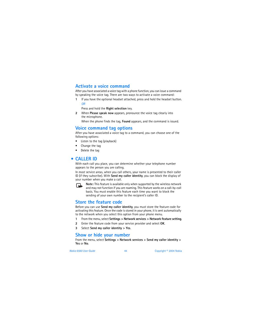 Nokia 6560 warranty Activate a voice command, Voice command tag options, Caller ID, Show or hide your number 
