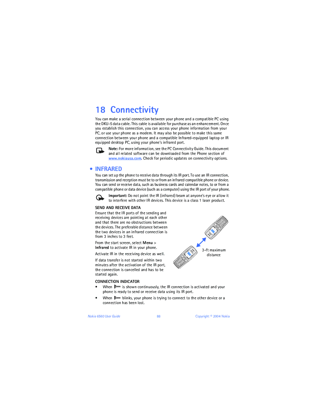 Nokia 6560 warranty Connectivity, Infrared, Send and Receive Data, Connection Indicator 