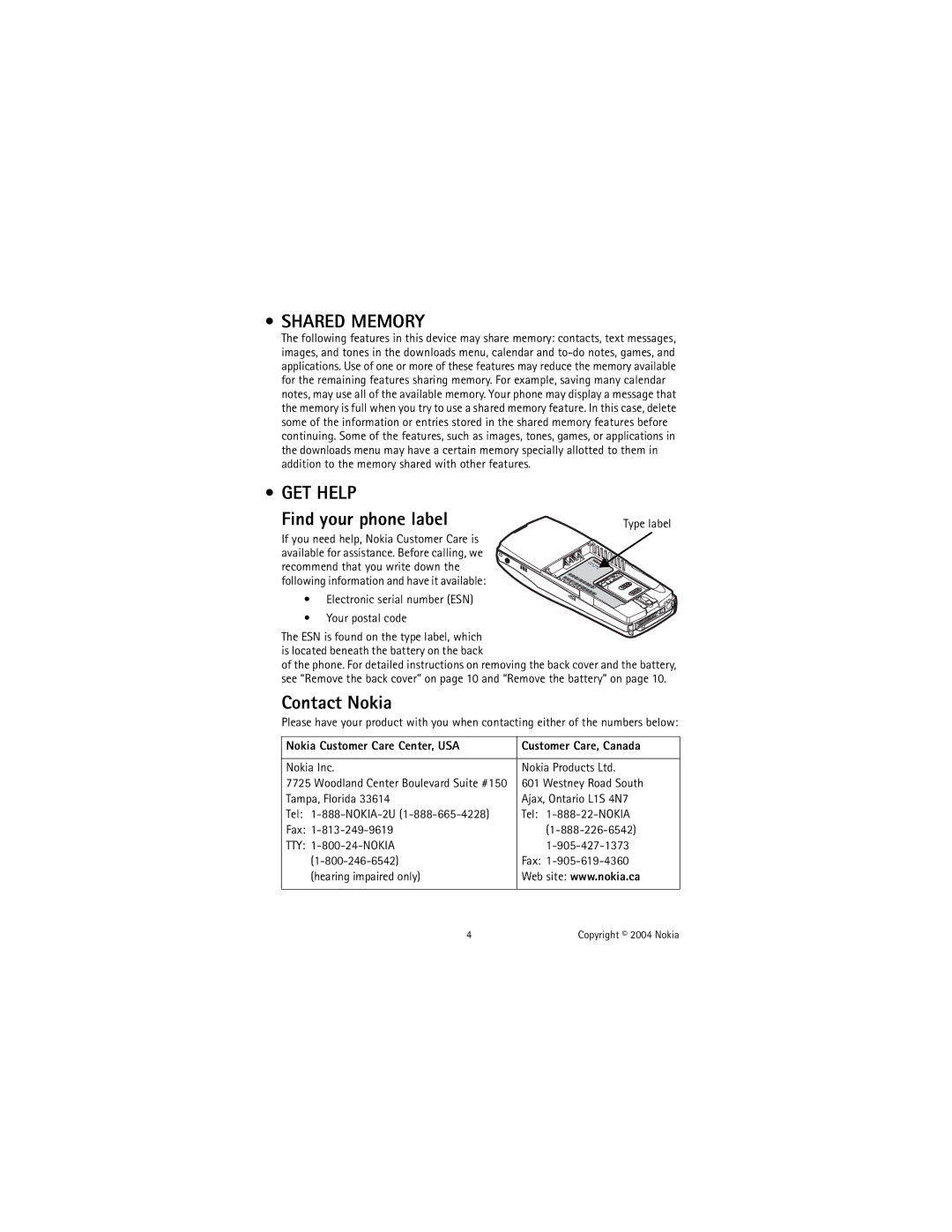 Nokia 6585 manual Shared Memory, GET Help, Find your phone label, Contact Nokia 