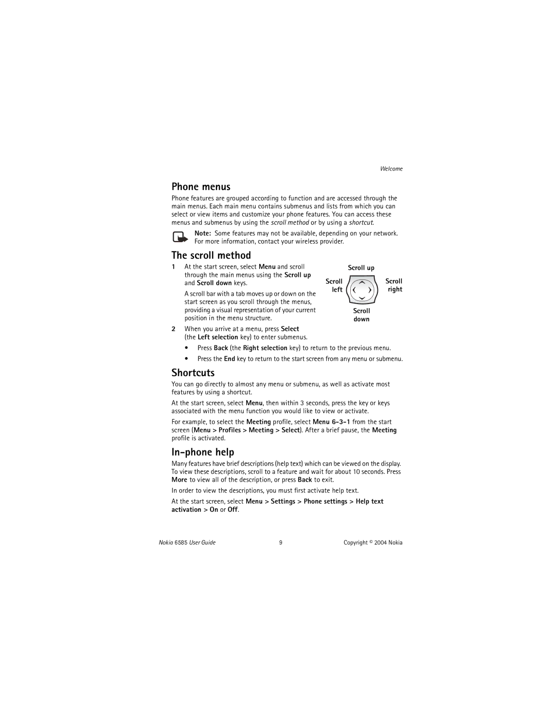 Nokia 6585 manual Phone menus, Scroll method, Shortcuts, In-phone help, Scroll up Scroll Scroll Left right 