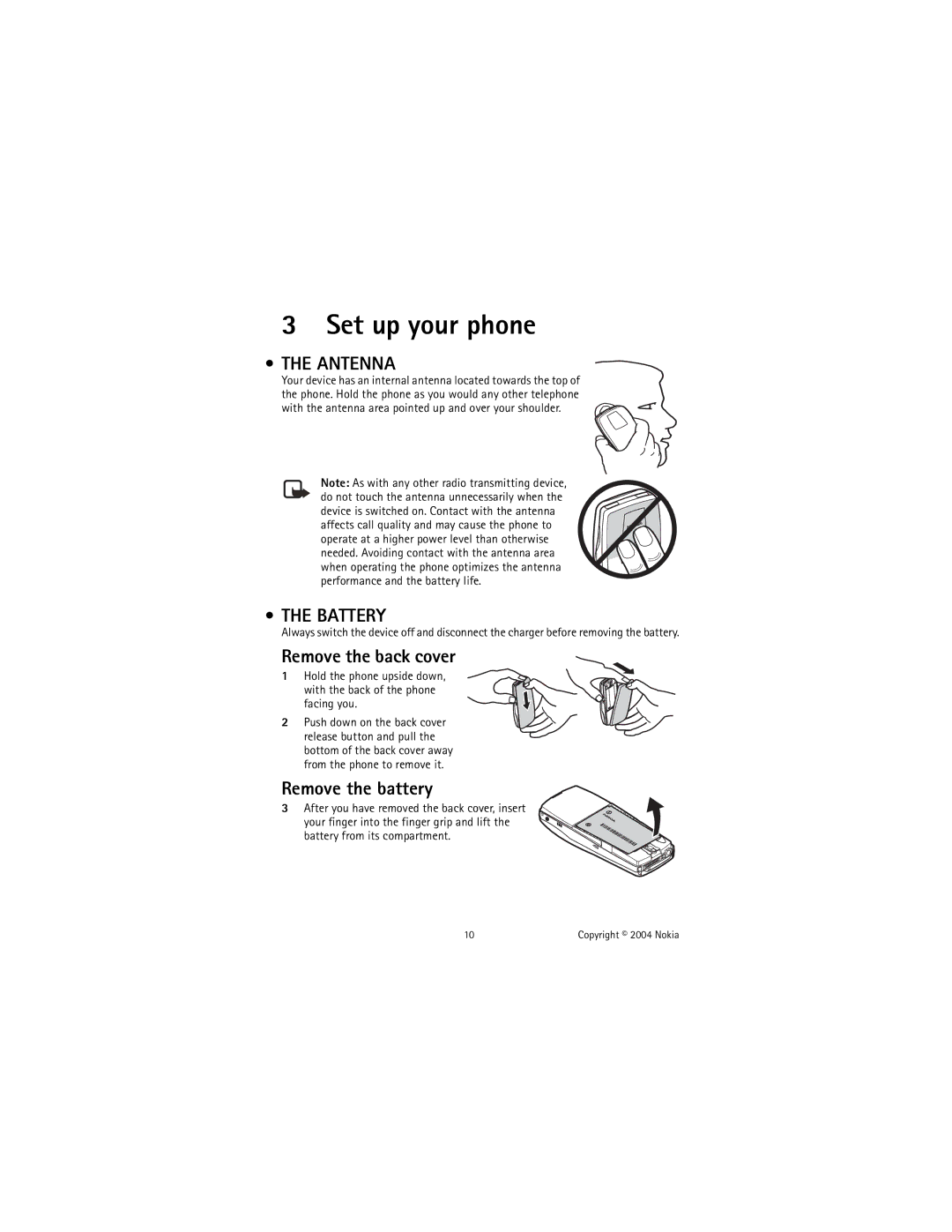 Nokia 6585 manual Set up your phone, Antenna, Battery, Remove the back cover, Remove the battery 