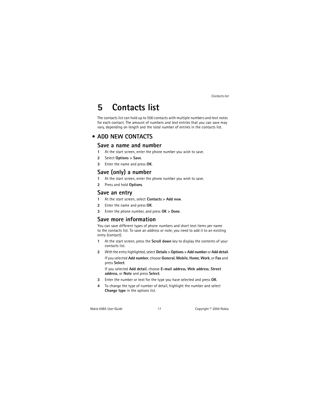 Nokia 6585 manual Contacts list, ADD NEW Contacts 