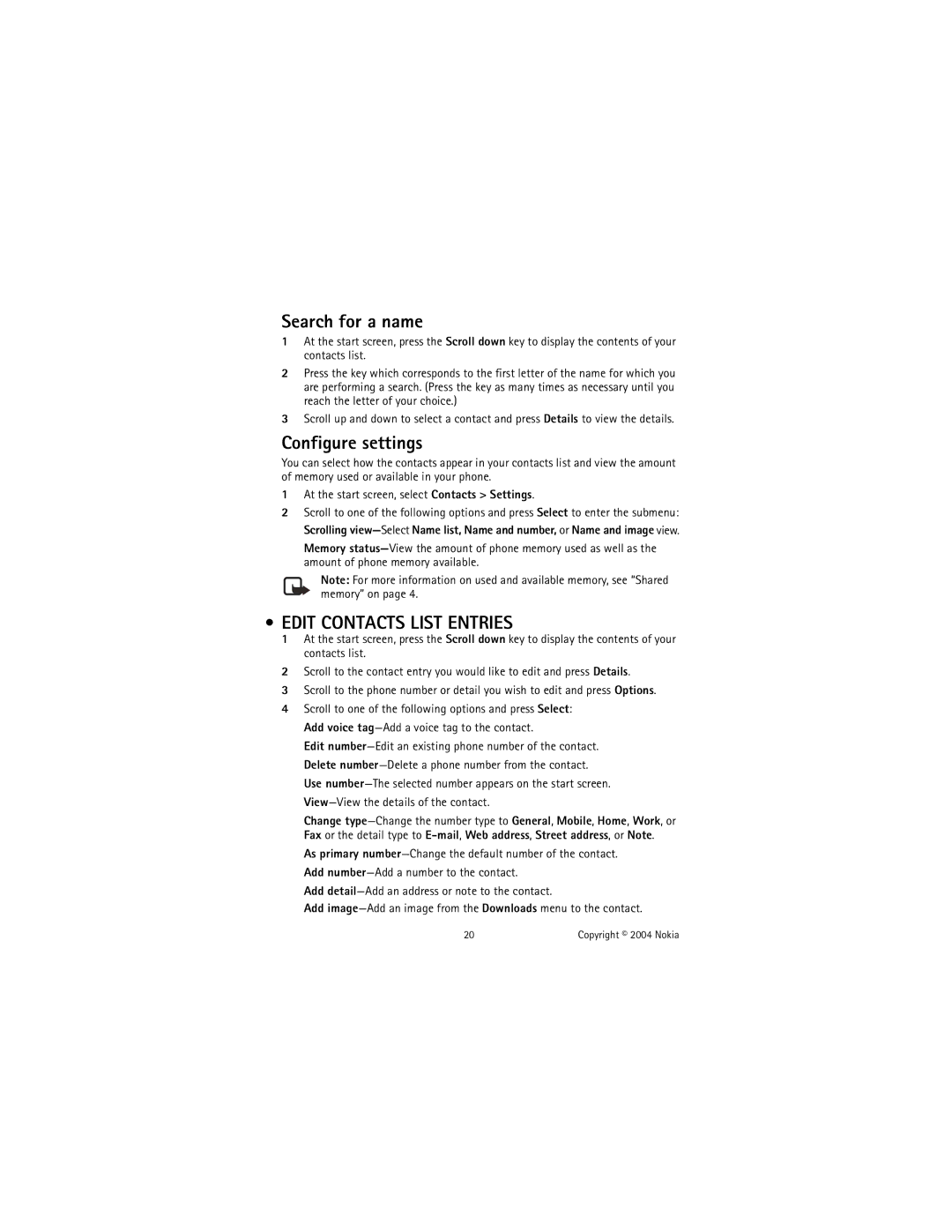 Nokia 6585 manual Search for a name, Configure settings, Edit Contacts List Entries 