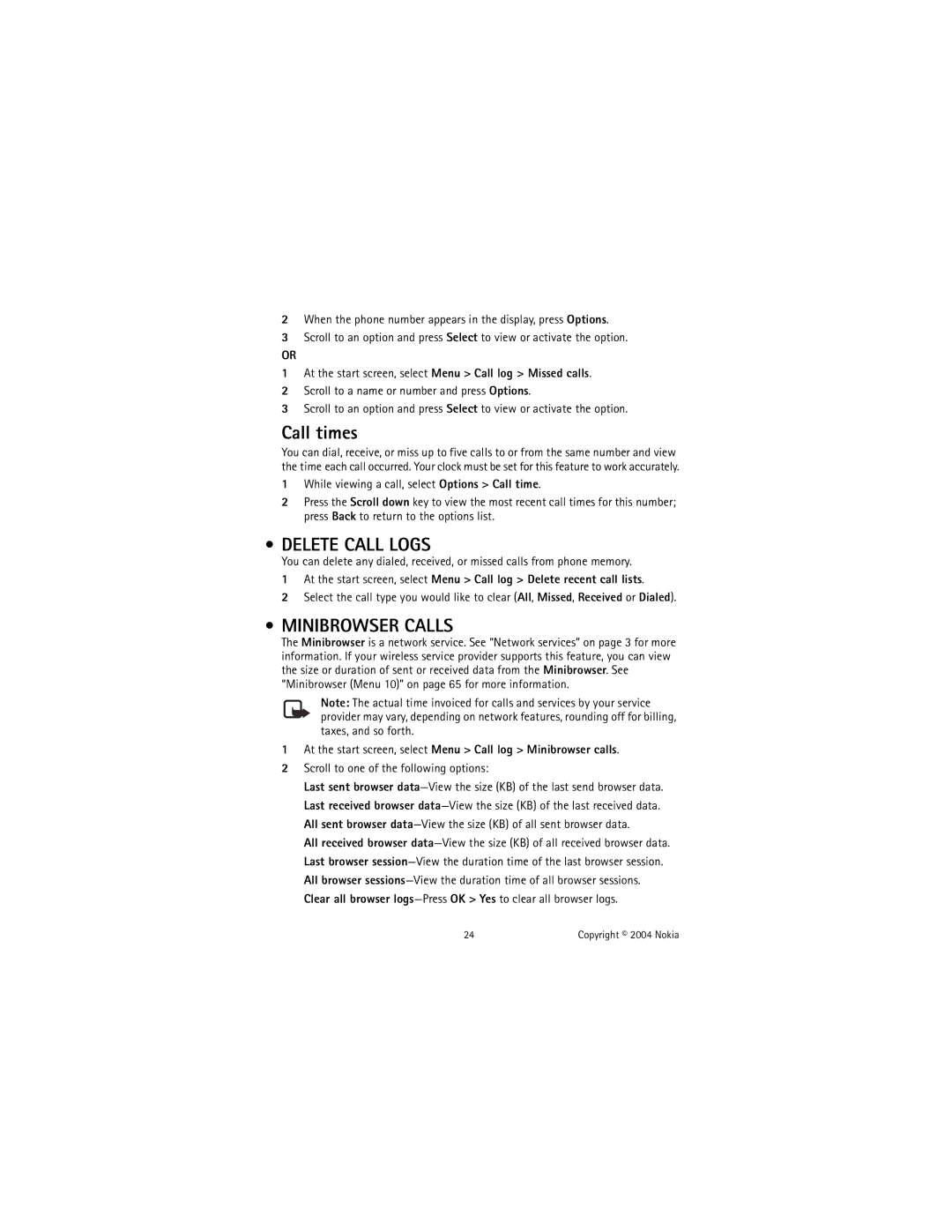 Nokia 6585 manual Call times, Delete Call Logs, Minibrowser Calls, At the start screen, select Menu Call log Missed calls 