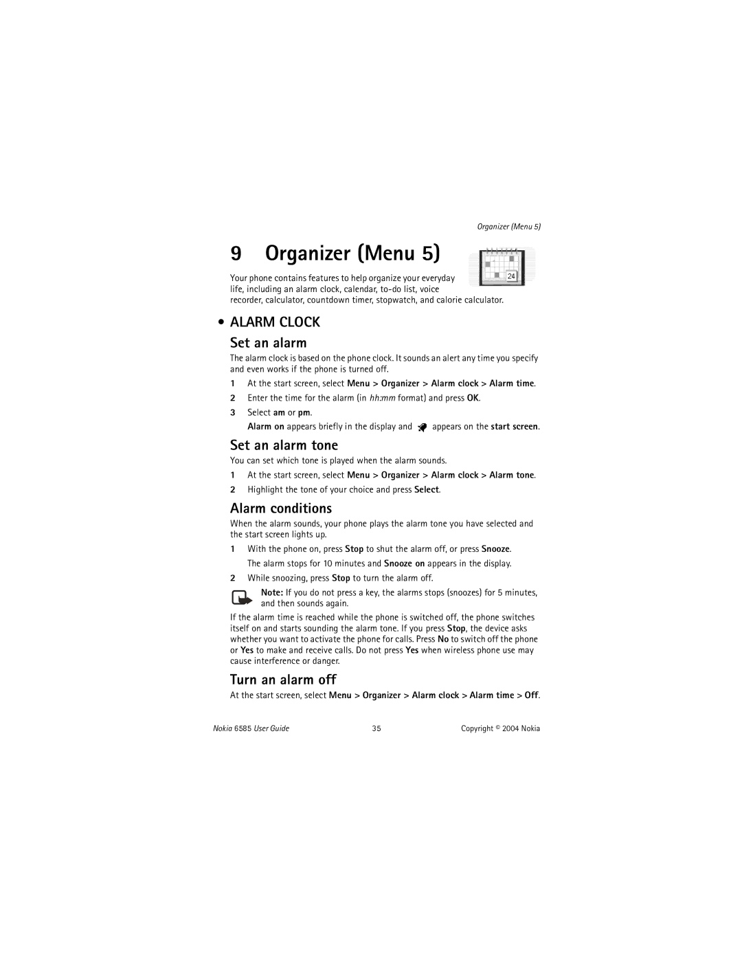 Nokia 6585 manual Organizer Menu, Alarm Clock 