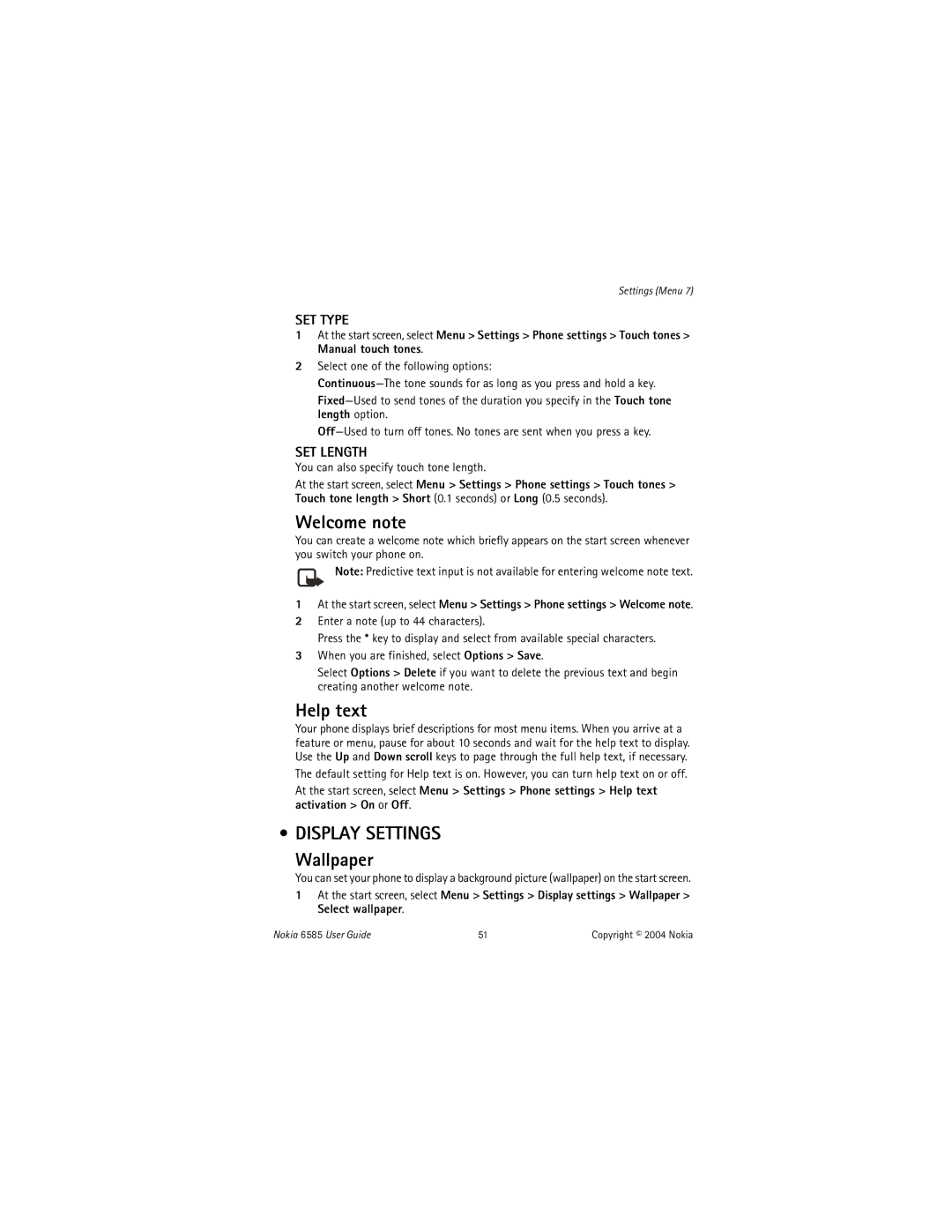 Nokia 6585 manual Welcome note, Help text, Display Settings, Wallpaper 