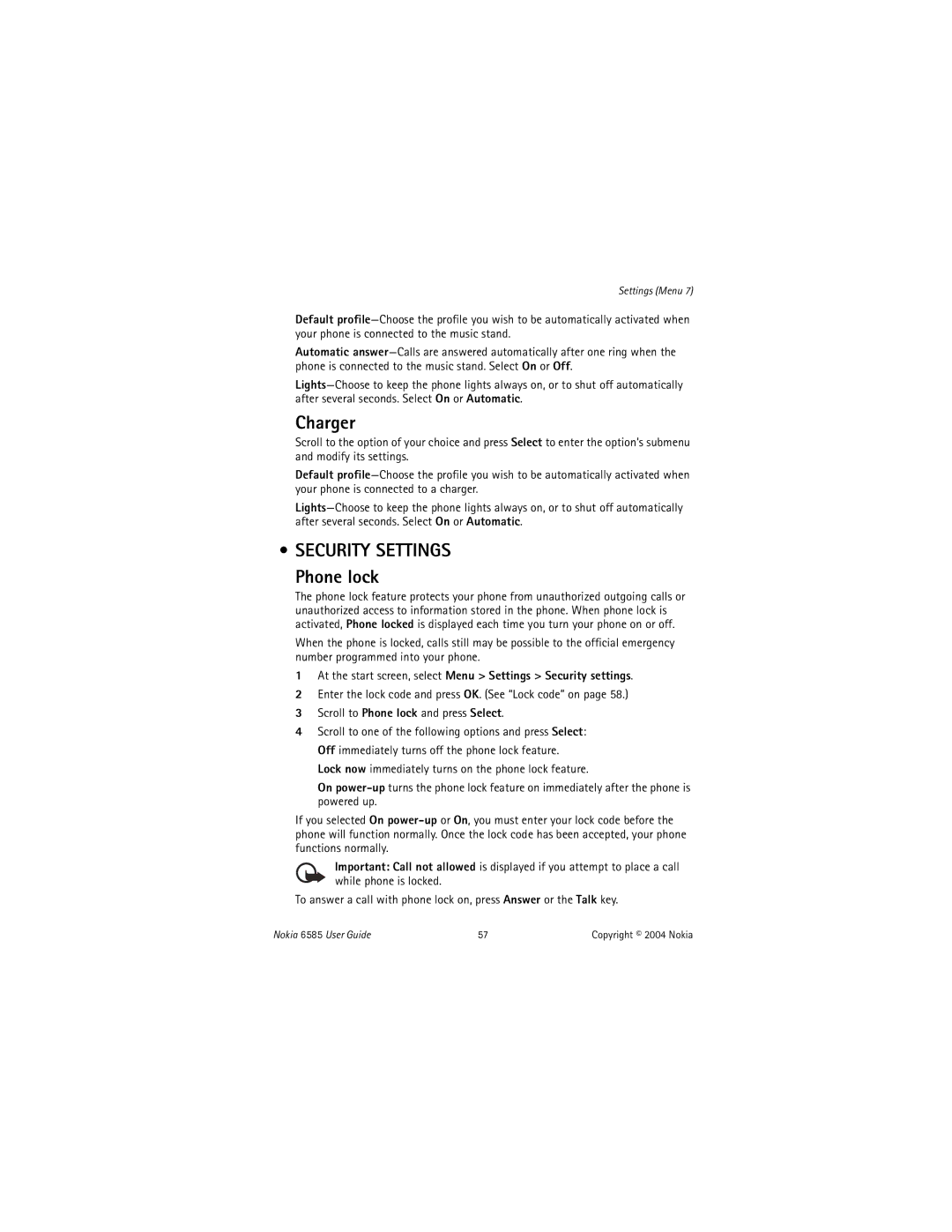 Nokia 6585 manual Charger, Security Settings, Phone lock, At the start screen, select Menu Settings Security settings 
