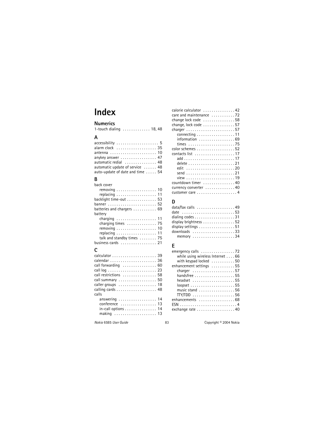 Nokia 6585 manual Index 