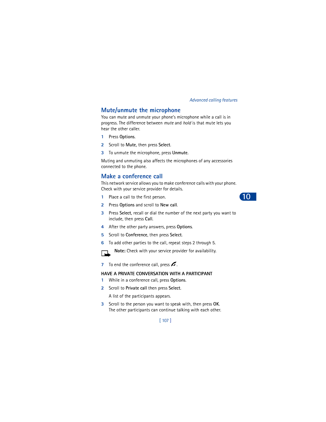 Nokia 6590 warranty Mute/unmute the microphone, Make a conference call, Have a Private Conversation with a Participant, 107 