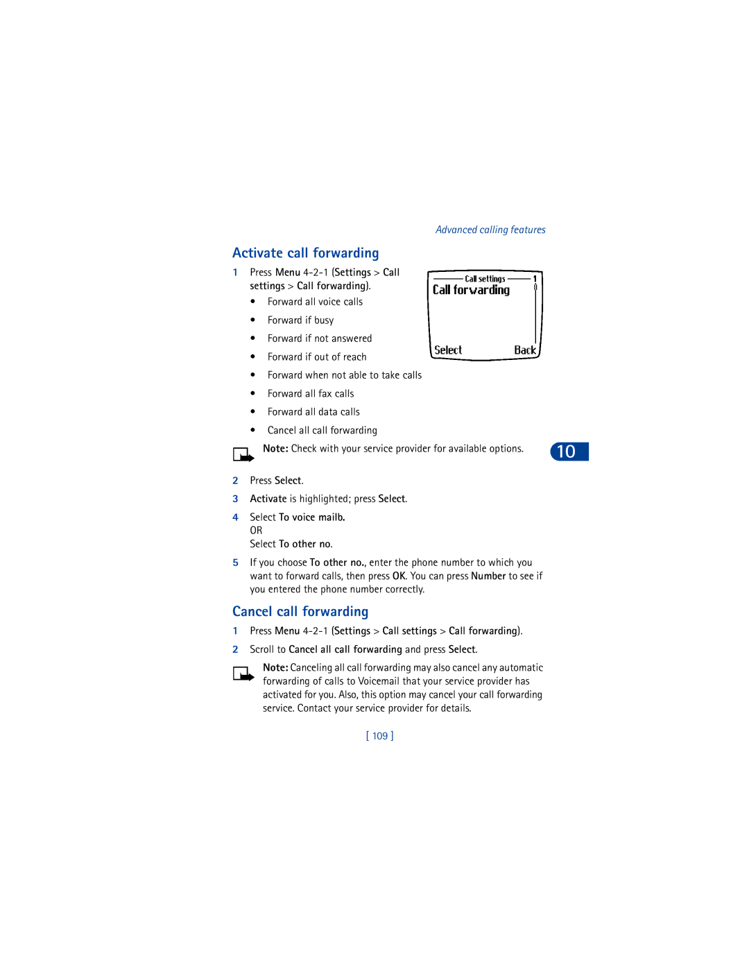 Nokia 6590 warranty Activate call forwarding, Cancel call forwarding, Select To voice mailb Select To other no, 109 