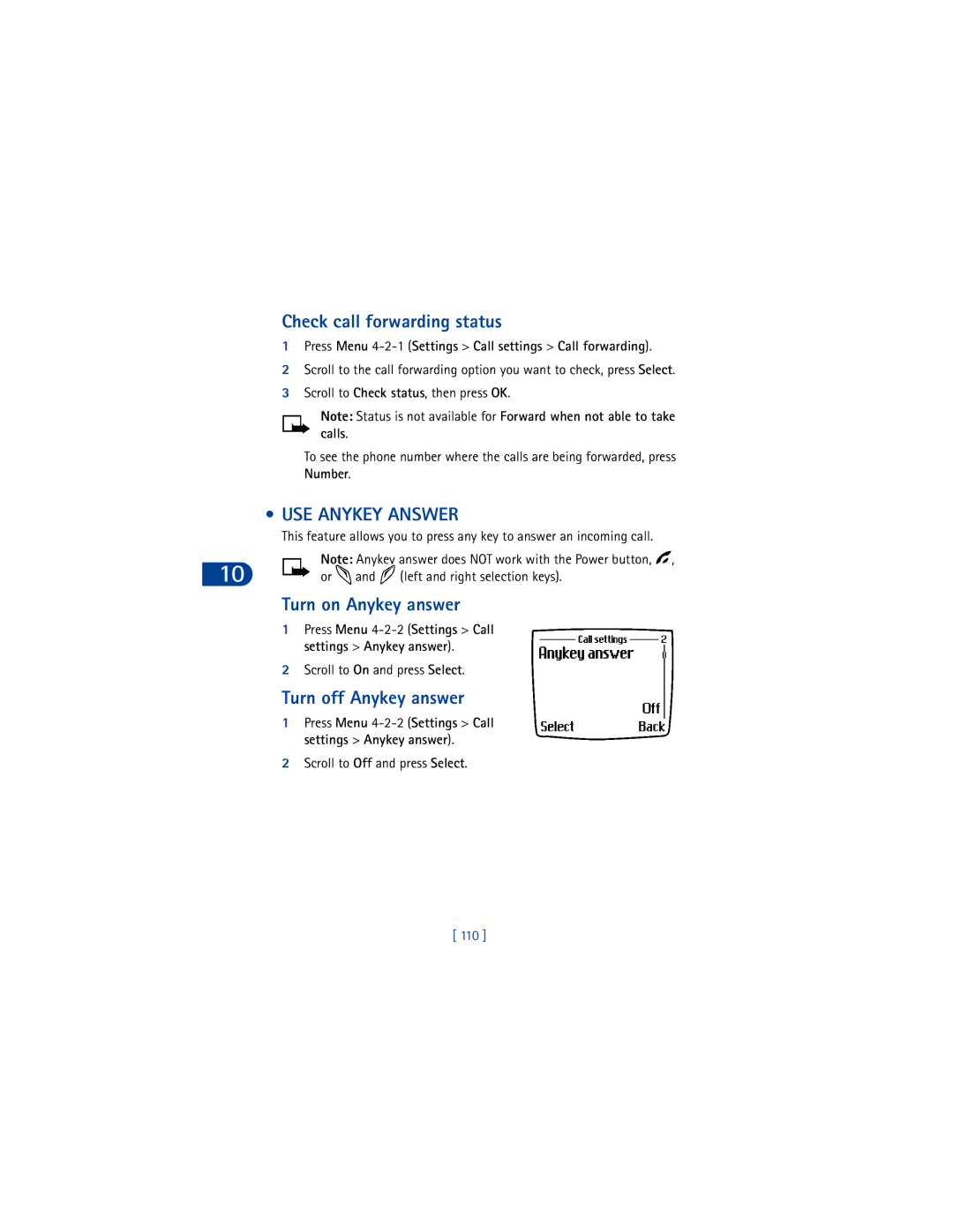 Nokia 6590 warranty Check call forwarding status, USE Anykey Answer, Turn on Anykey answer, Turn off Anykey answer 