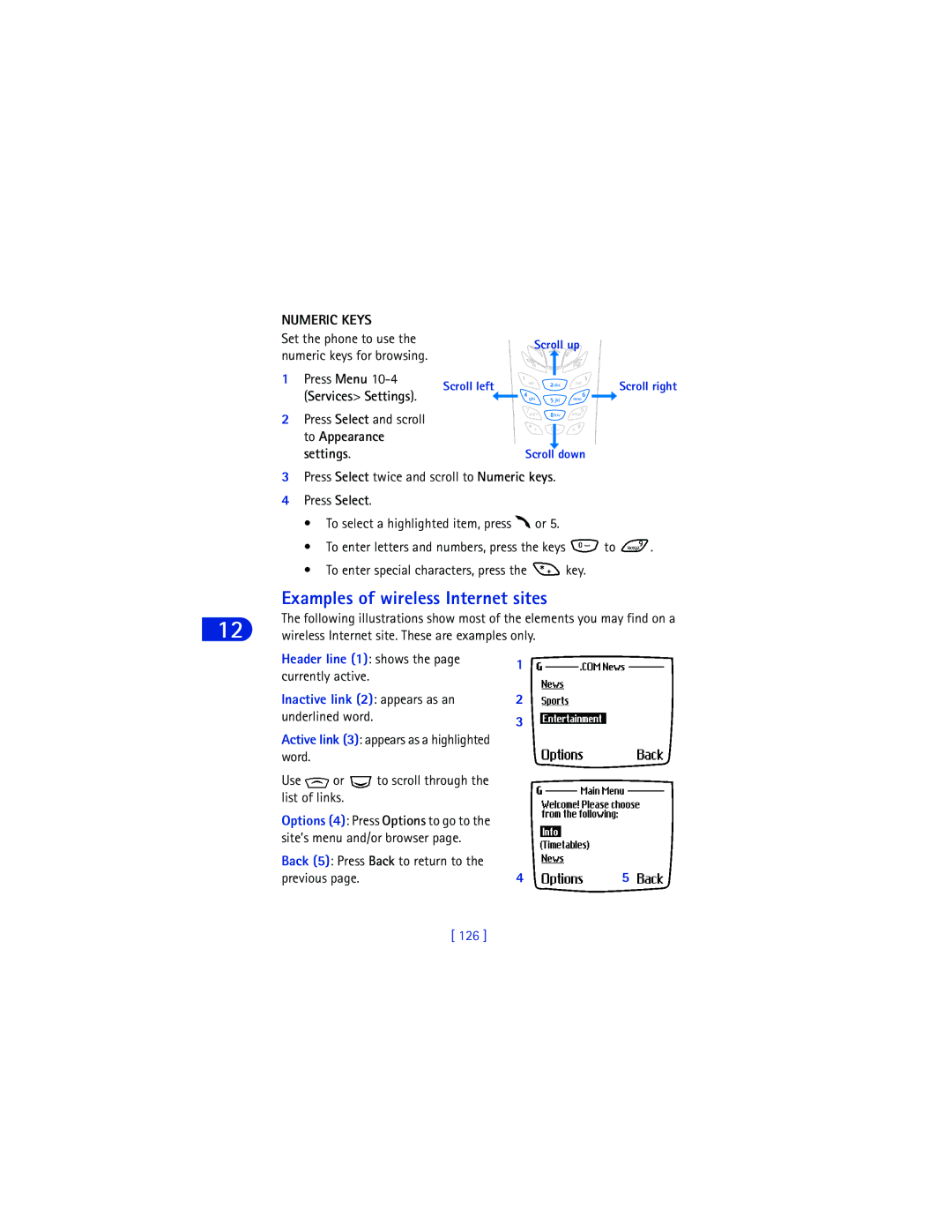 Nokia 6590 warranty Examples of wireless Internet sites, Numeric Keys, Services Settings, To Appearance Settings, 126 