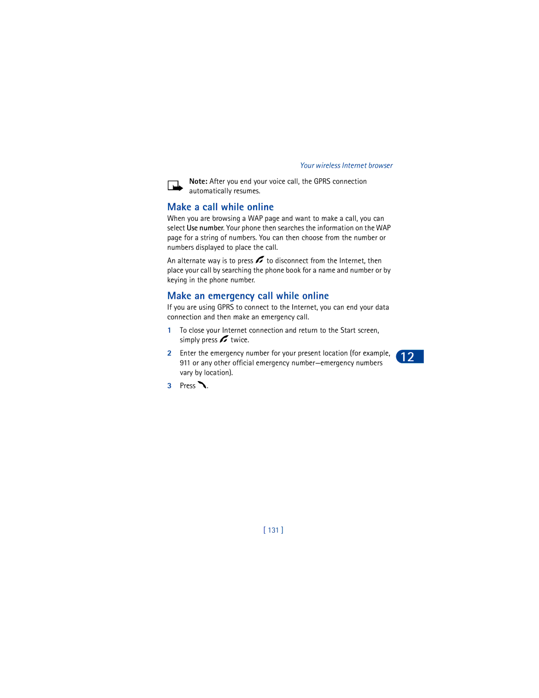 Nokia 6590 warranty Make a call while online, Make an emergency call while online, Vary by location Press, 131 