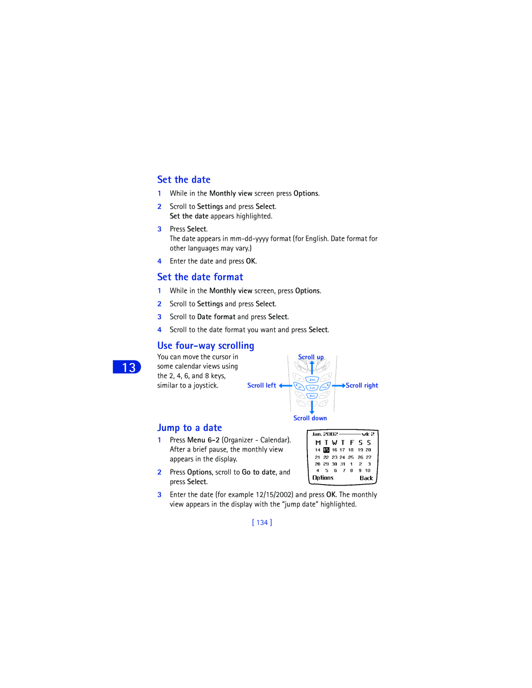 Nokia 6590 warranty Set the date format, Use four-way scrolling, Jump to a date, 134 