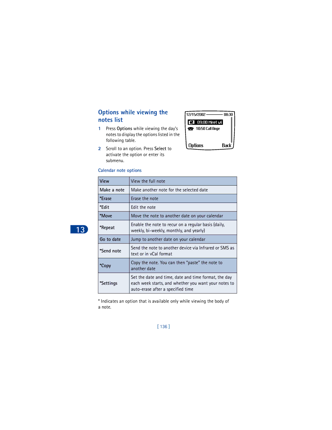 Nokia 6590 warranty Options while viewing the notes list, Make a note, Repeat, Go to date, Send note 