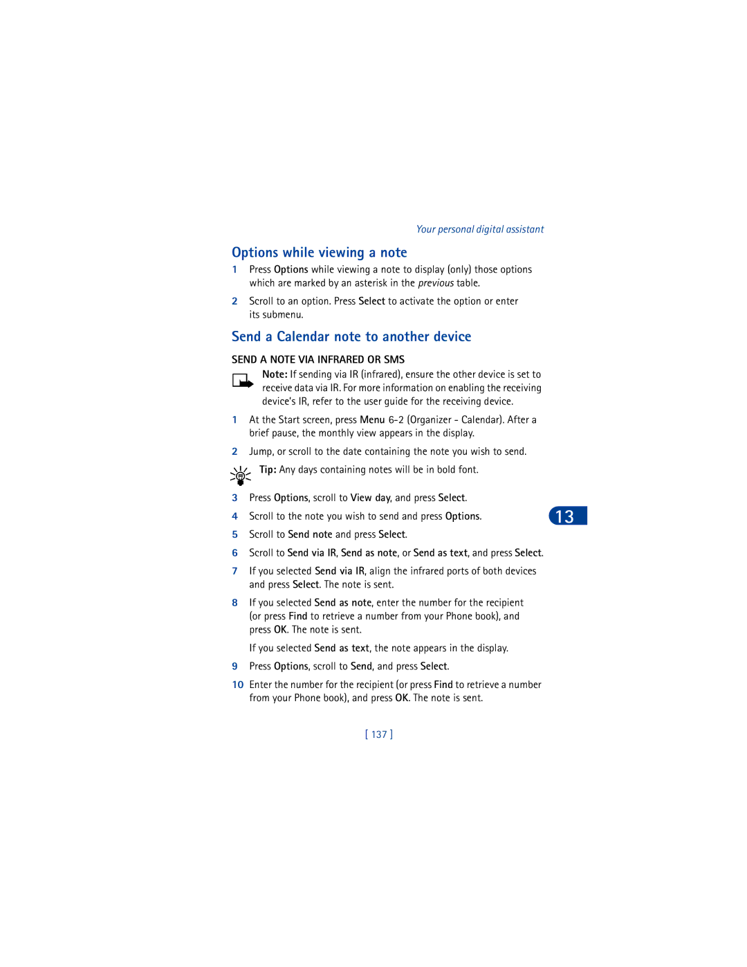 Nokia 6590 Options while viewing a note, Send a Calendar note to another device, Send a Note VIA Infrared or SMS, 137 