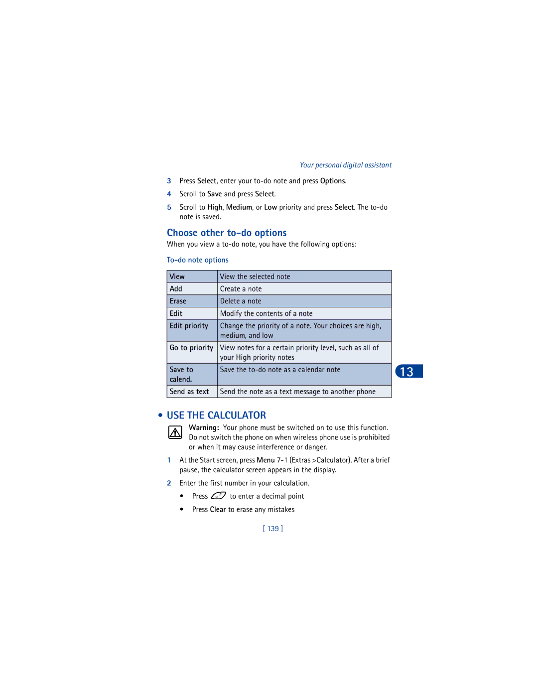 Nokia 6590 Choose other to-do options, USE the Calculator, When you view a to-do note, you have the following options, 139 