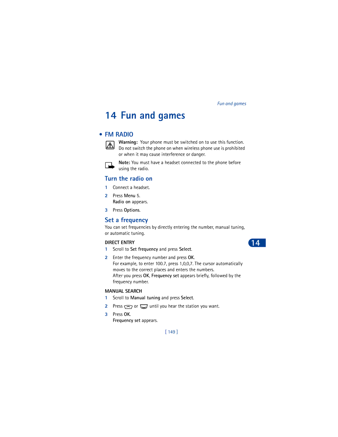 Nokia 6590 warranty Fun and games, FM Radio, Turn the radio on, Set a frequency 