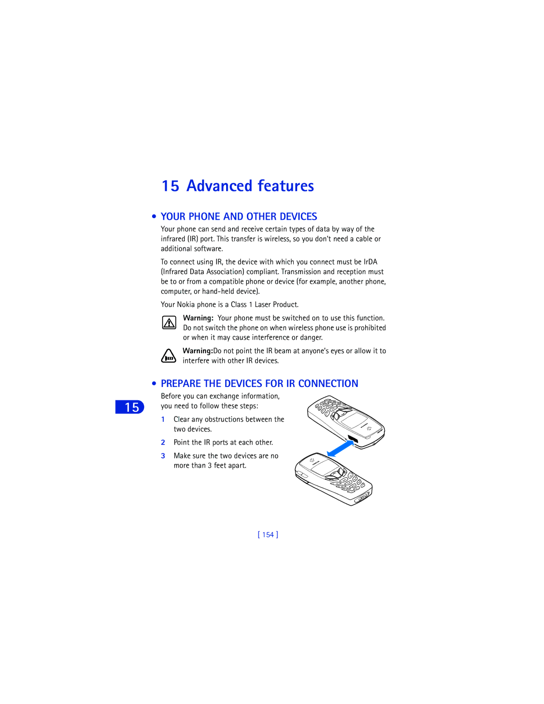 Nokia 6590 warranty Advanced features, Your Phone and Other Devices, Prepare the Devices for IR Connection, 154 