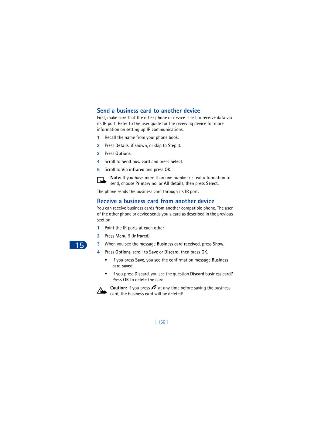Nokia 6590 Send a business card to another device, Receive a business card from another device, Press Menu 9 Infrared, 156 