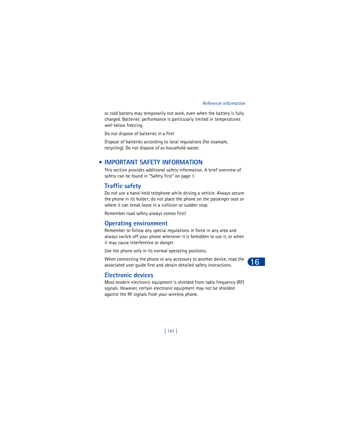 Nokia 6590 warranty Important Safety Information, Traffic safety, Operating environment, Electronic devices, 161 
