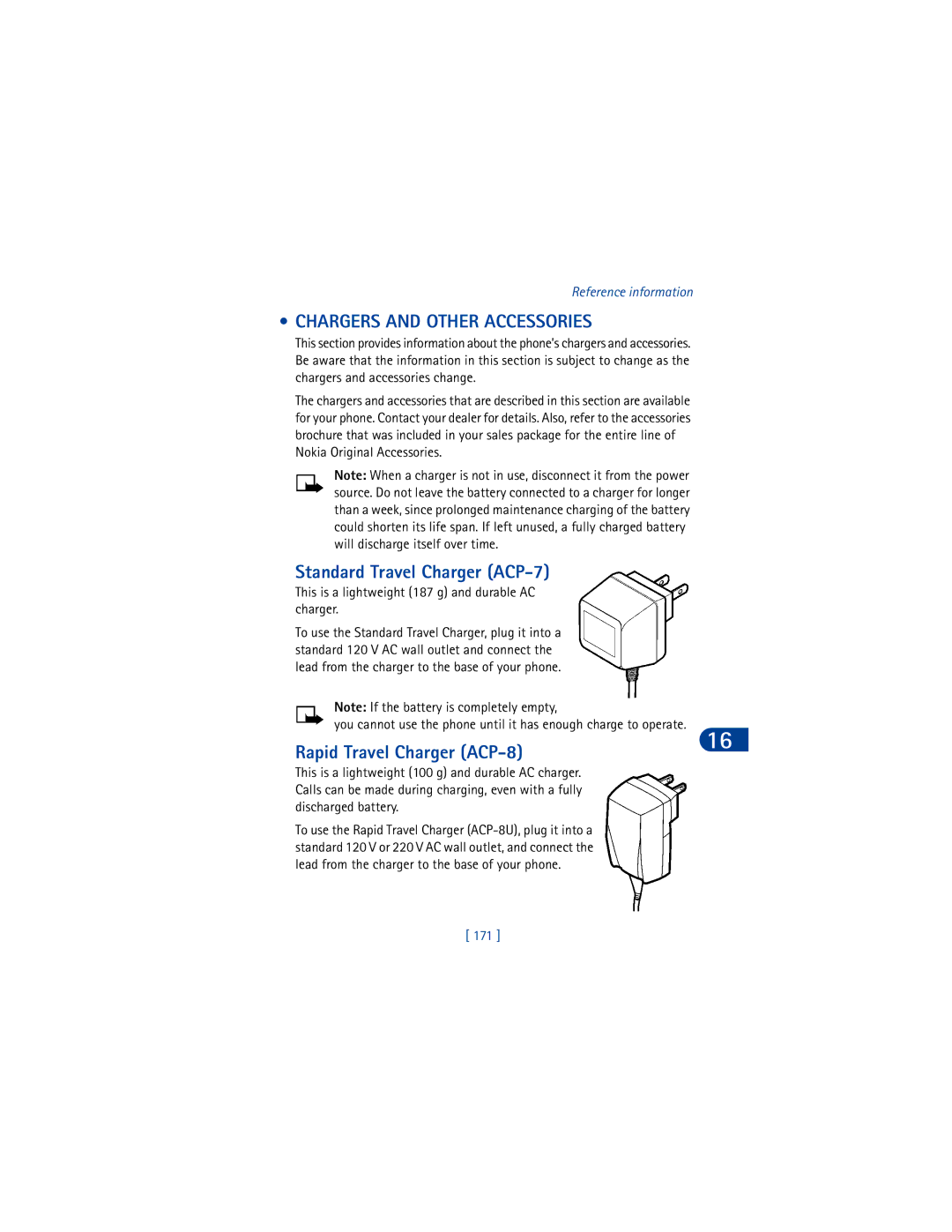 Nokia 6590 warranty Chargers and Other Accessories, Standard Travel Charger ACP-7, Rapid Travel Charger ACP-8, 171 