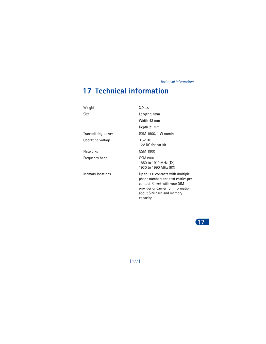 Nokia 6590 warranty Technical information, Contact. Check with your SIM, About SIM card and memory, Capacity, 177 