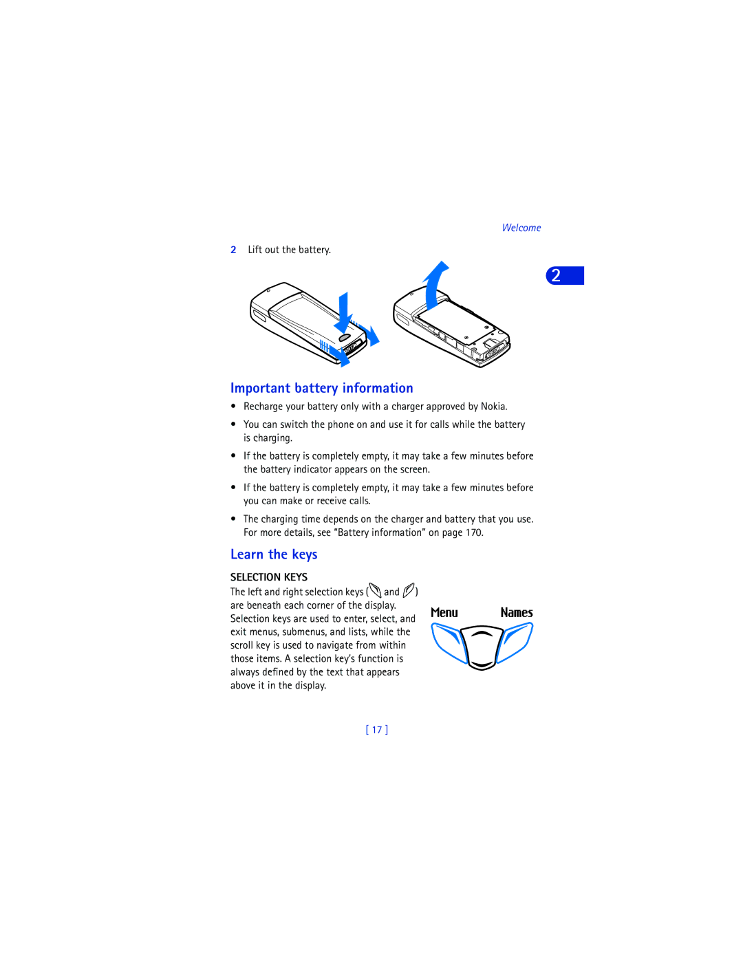 Nokia 6590 warranty Important battery information, Learn the keys, Selection Keys 