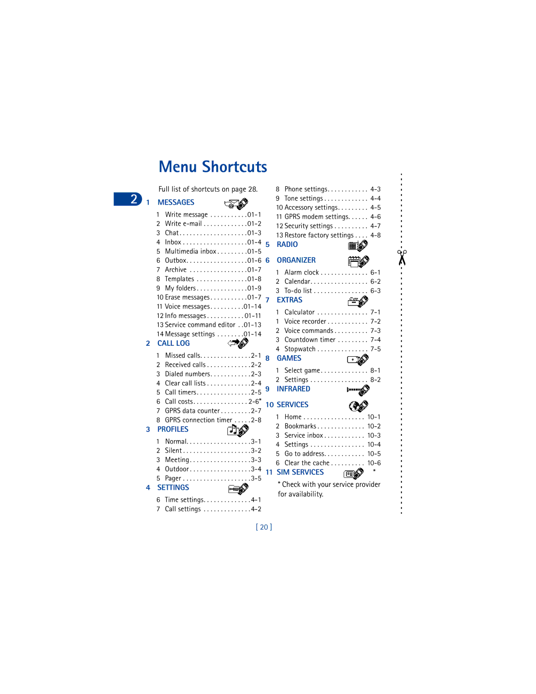 Nokia 6590 warranty Menu Shortcuts, For availability 