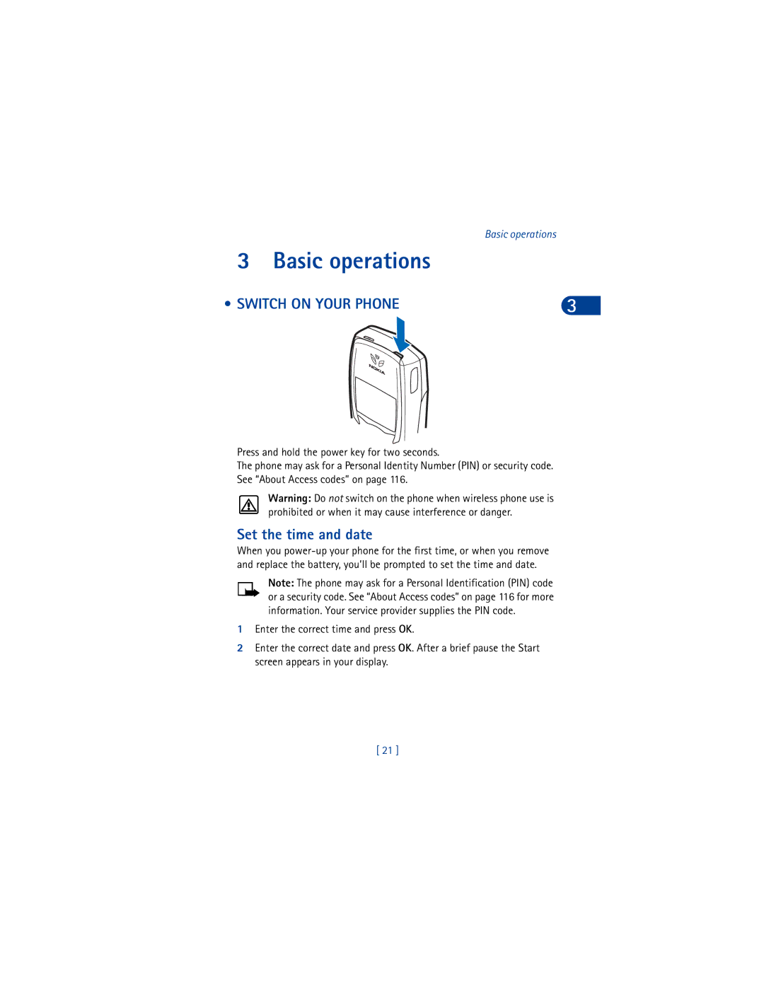 Nokia 6590 warranty Basic operations, Switch on Your Phone, Set the time and date 