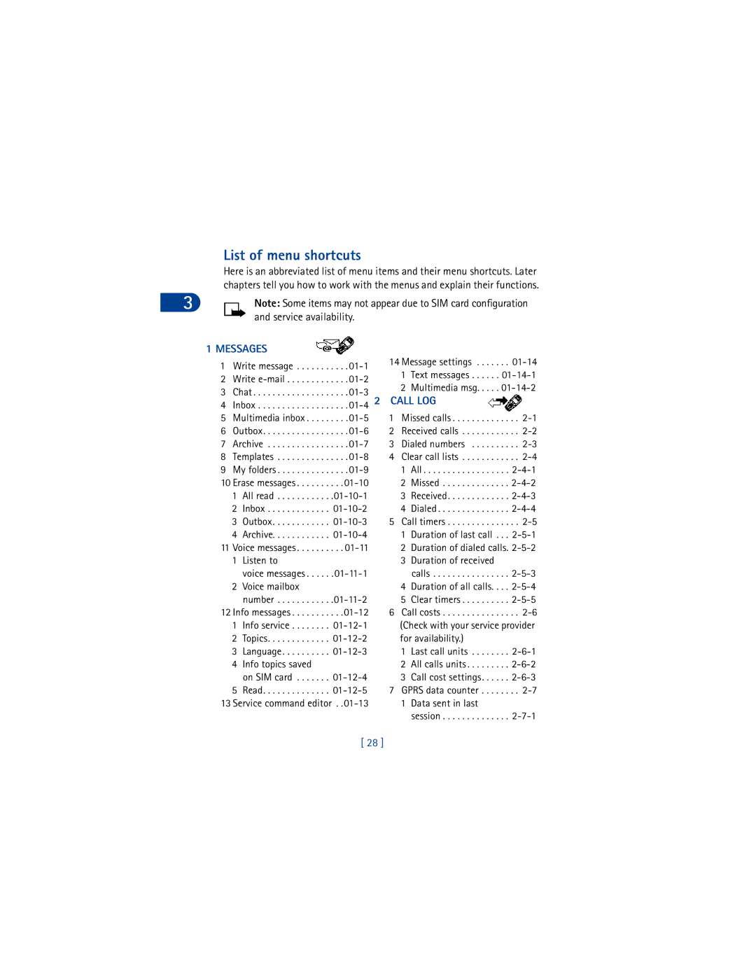 Nokia 6590 warranty List of menu shortcuts, Service availability 