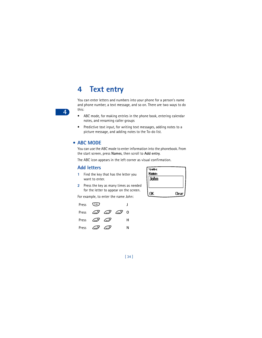 Nokia 6590 warranty Text entry, ABC Mode, Add letters, ABC icon appears in the left corner as visual confirmation 