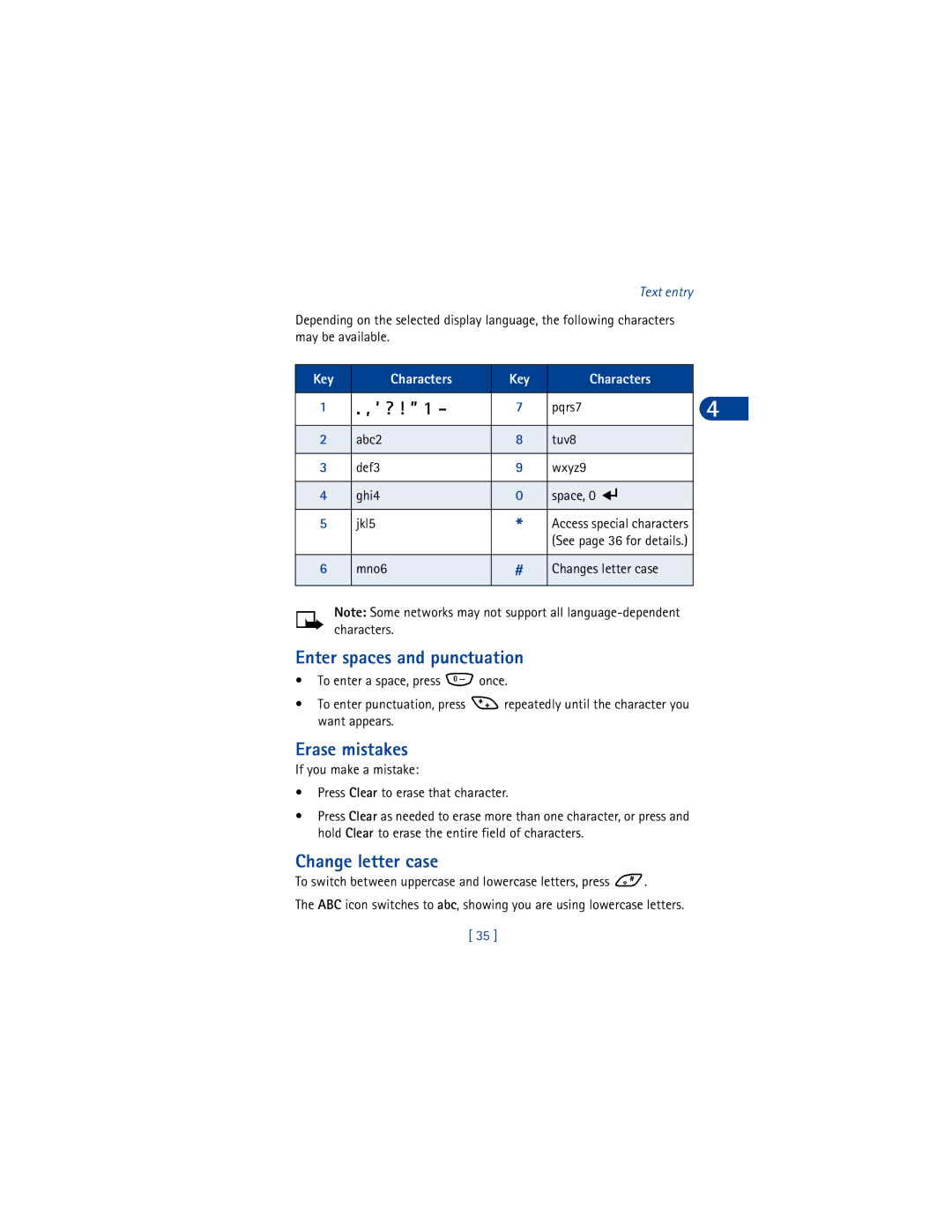 Nokia 6590 warranty ’ ?, Enter spaces and punctuation, Erase mistakes, Change letter case 