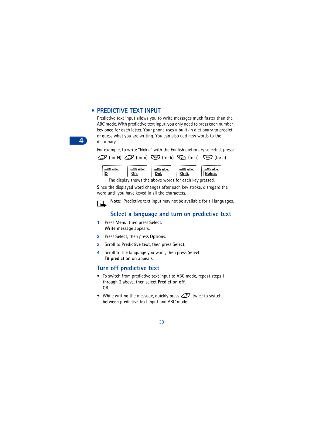 Nokia 6590 warranty Predictive Text Input, Select a language and turn on predictive text, Turn off predictive text 