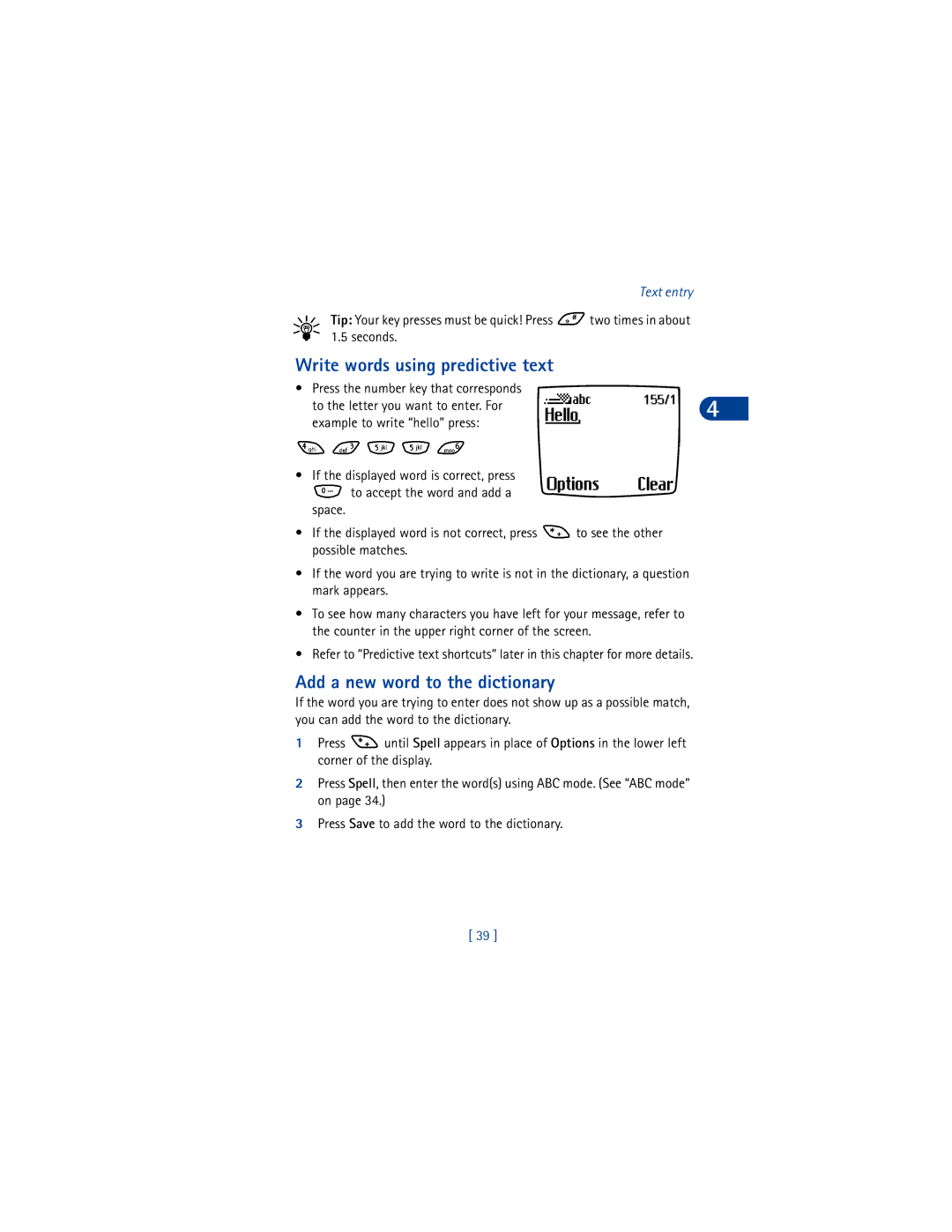 Nokia 6590 warranty Write words using predictive text, Add a new word to the dictionary 