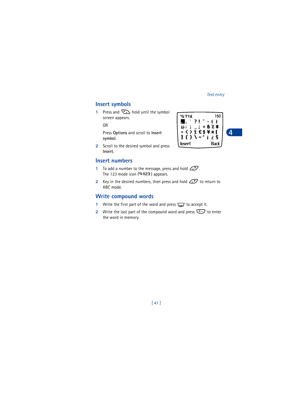 Nokia 6590 Insert symbols, Insert numbers, Write compound words, Symbol, Scroll to the desired symbol and press Insert 