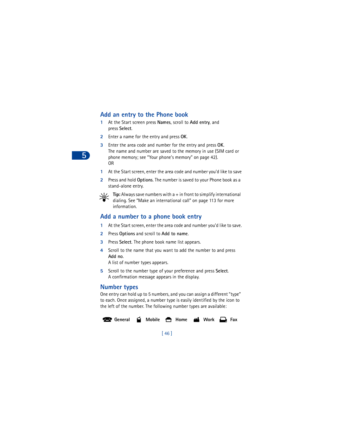 Nokia 6590 Add an entry to the Phone book, Add a number to a phone book entry, Number types, General Mobile Home Work 