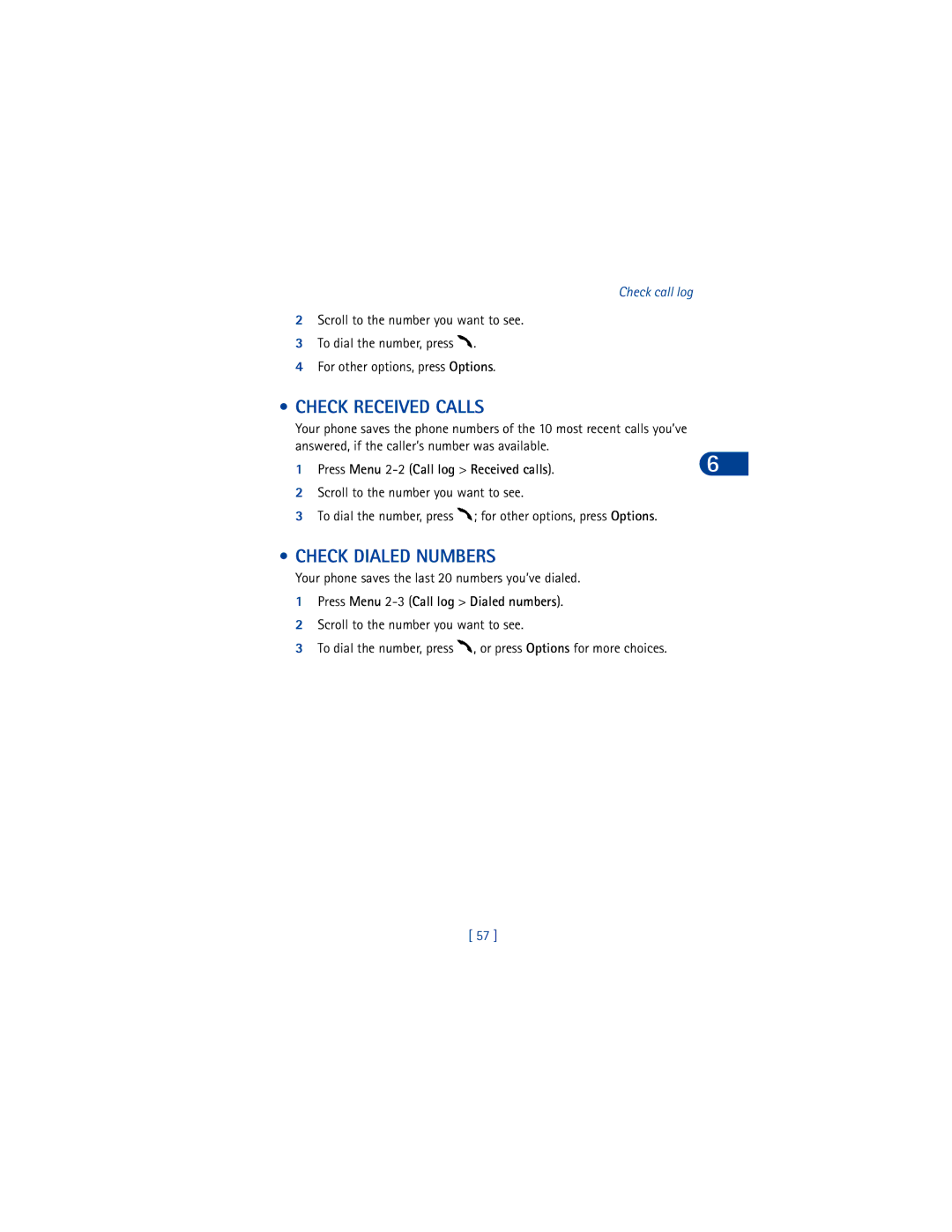 Nokia 6590 warranty Check Received Calls, Check Dialed Numbers, Press Menu 2-2 Call log Received calls 