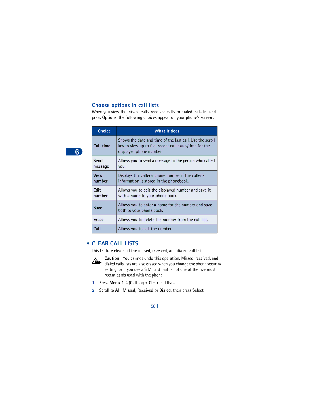 Nokia 6590 warranty Choose options in call lists, Clear Call Lists 