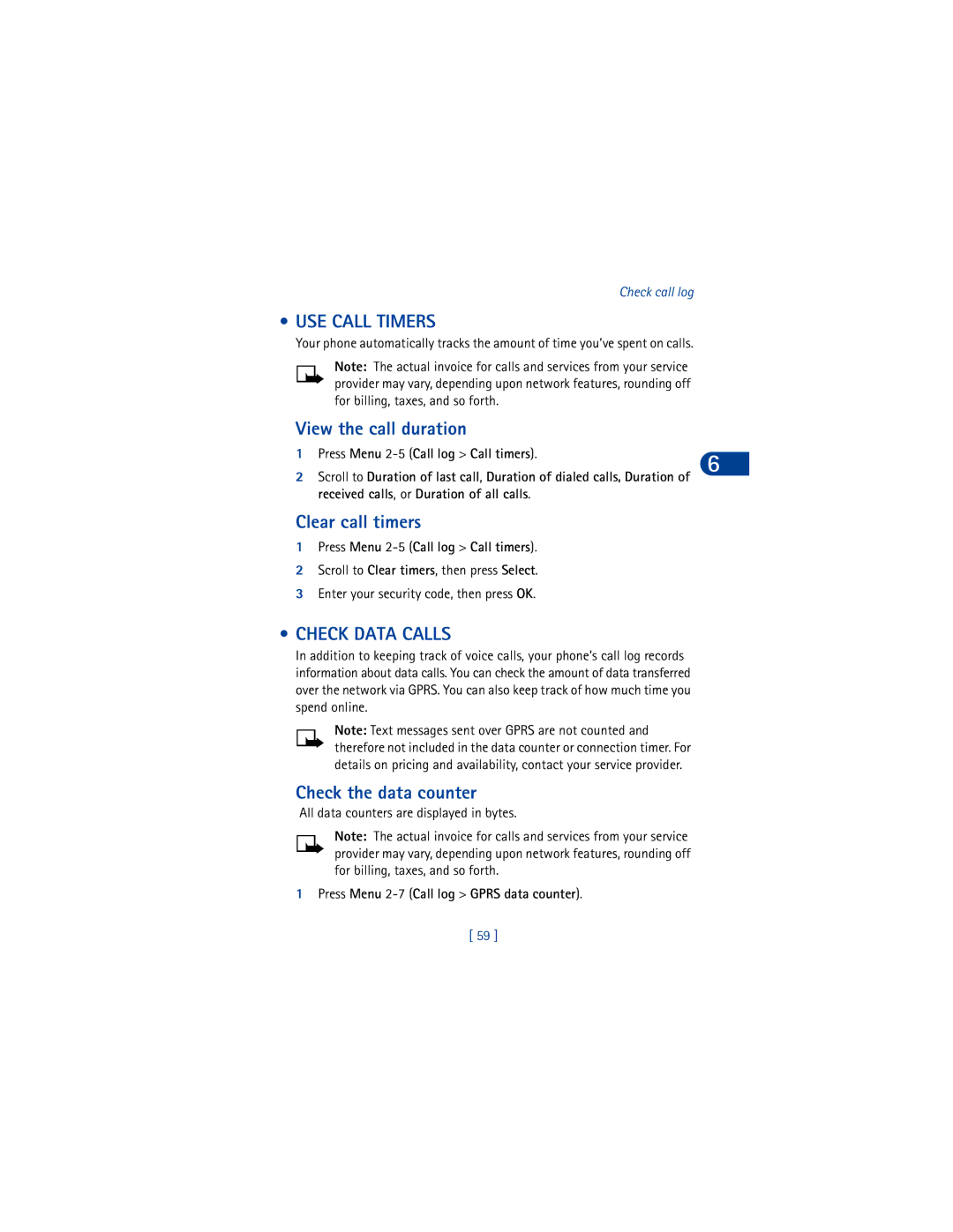 Nokia 6590 warranty USE Call Timers, View the call duration, Clear call timers, Check Data Calls, Check the data counter 