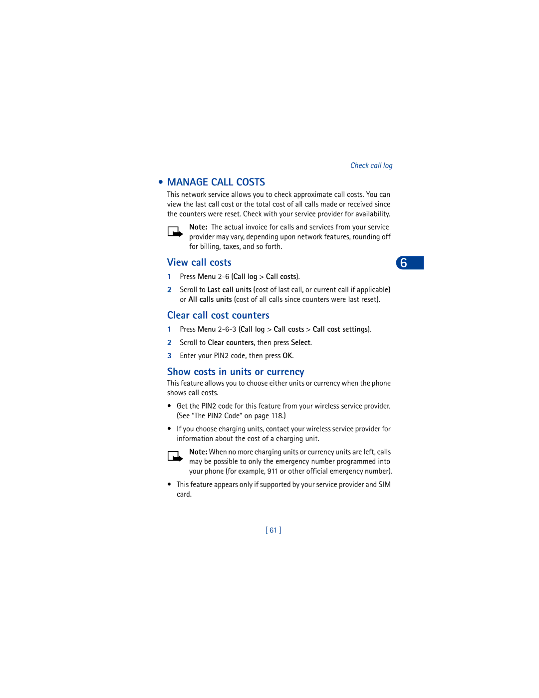 Nokia 6590 warranty Manage Call Costs, View call costs, Clear call cost counters, Show costs in units or currency 