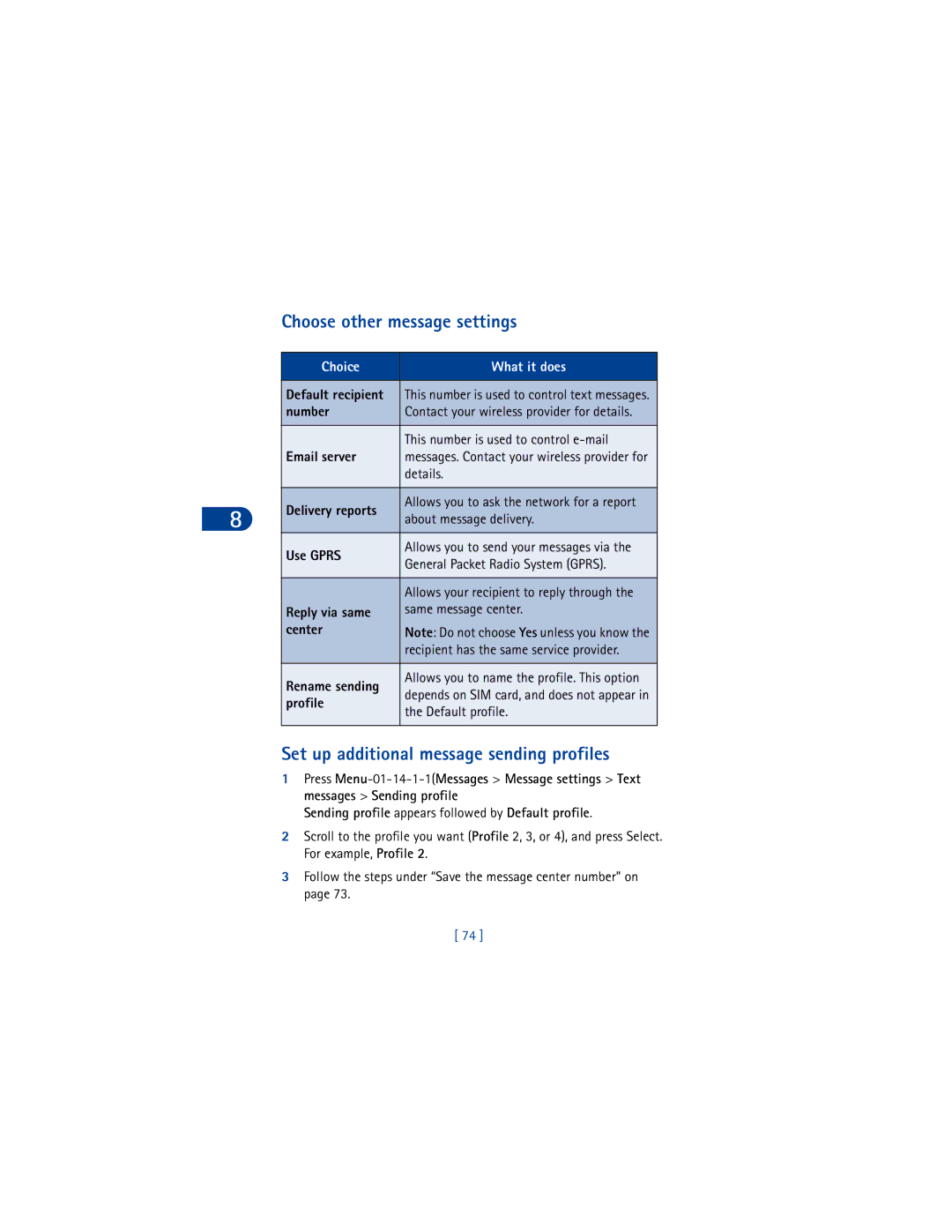 Nokia 6590 warranty Choose other message settings, Set up additional message sending profiles 