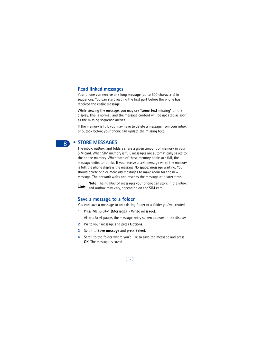 Nokia 6590 Read linked messages, Store Messages, Save a message to a folder, Press Menu 01-1 Messages Write message 