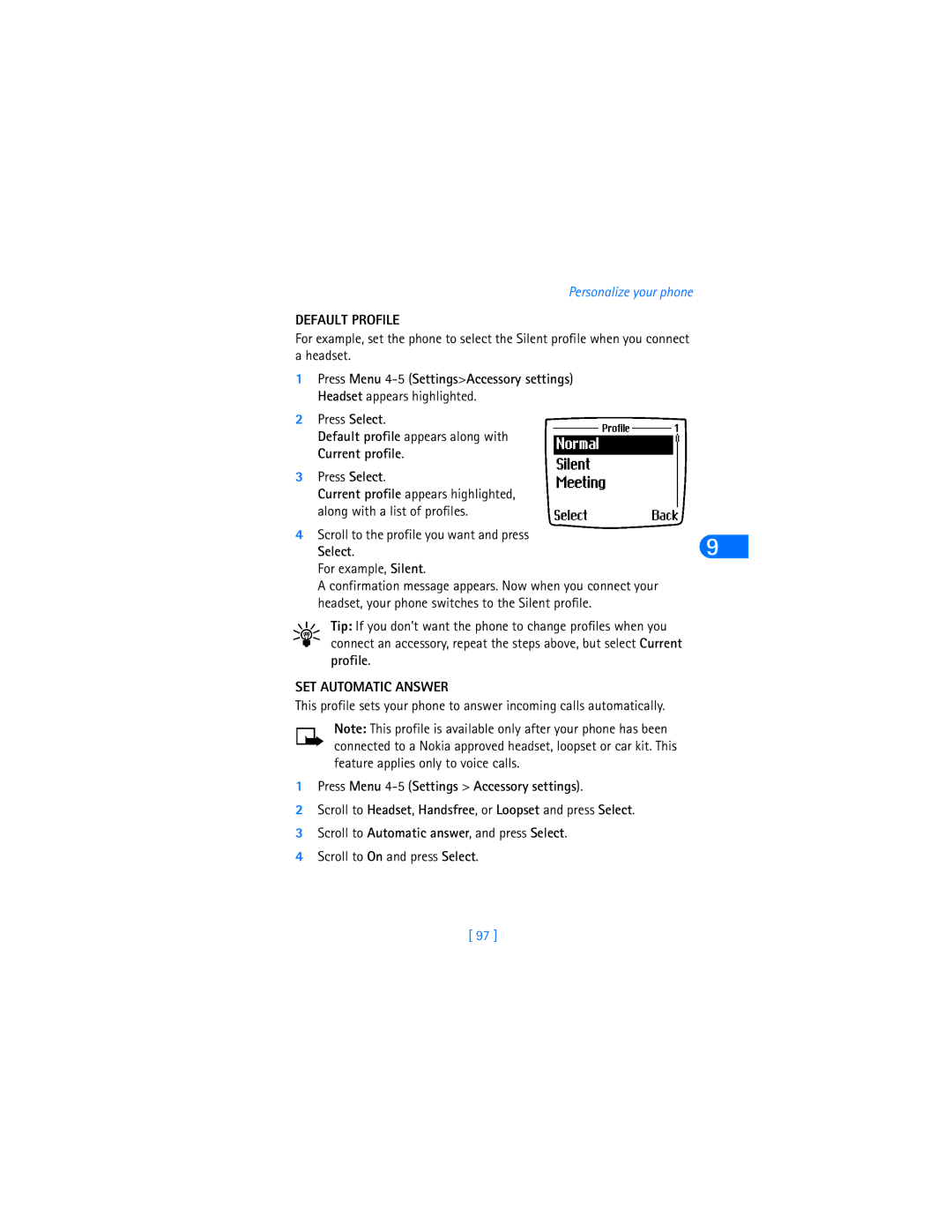 Nokia 6590i Default Profile, Press Menu 4-5 Settings Accessory settings, Current profile, Select, SET Automatic Answer 