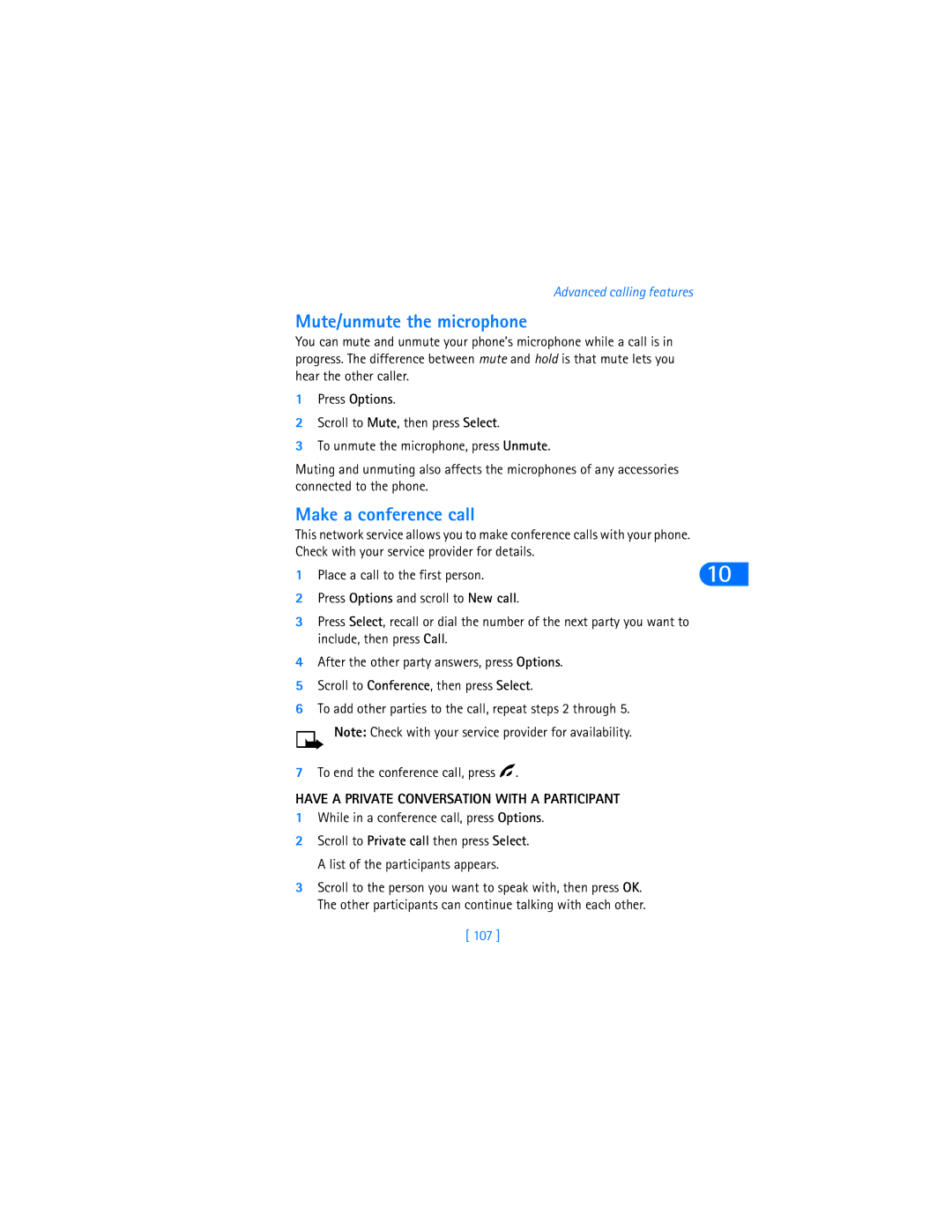 Nokia 6590i Mute/unmute the microphone, Make a conference call, Have a Private Conversation with a Participant, 107 